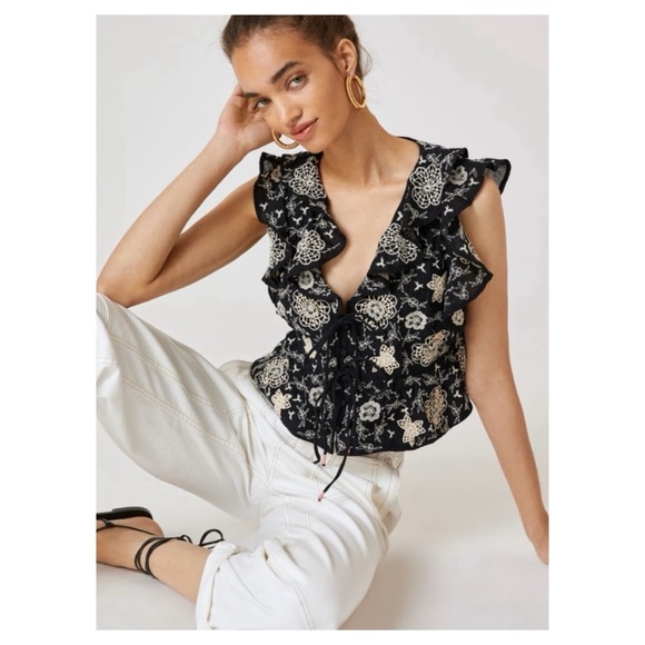 NWOT Anthropologie Embroidered Ruffle Crop Tie Top in Black & White Size XS - Picture 3 of 14